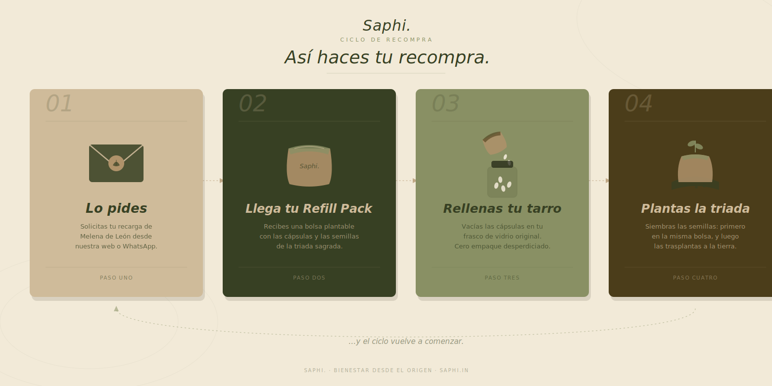 Ciclo de recompra Saphi: lo pides, llega tu refill pack, rellenas tu tarro, plantas la triada y el ciclo vuelve a comenzar.